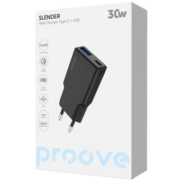 Сетевое зарядное устройство Proove Slender 30W Type-C+USB Black (WCSL30110001)