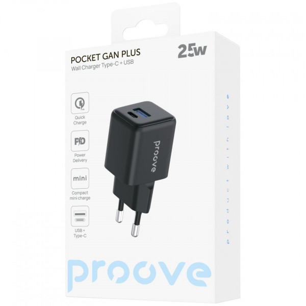 Сетевое зарядное устройство Proove Pocket GaN Plus 25W Type-C+USB Black (WCPG25111201)