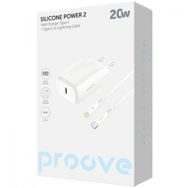 Сетевое зарядное устройство Proove Silicone Power 2 20W (Type-C) + кабель Type-C to Lightning (1m) White (WCSP22010002)