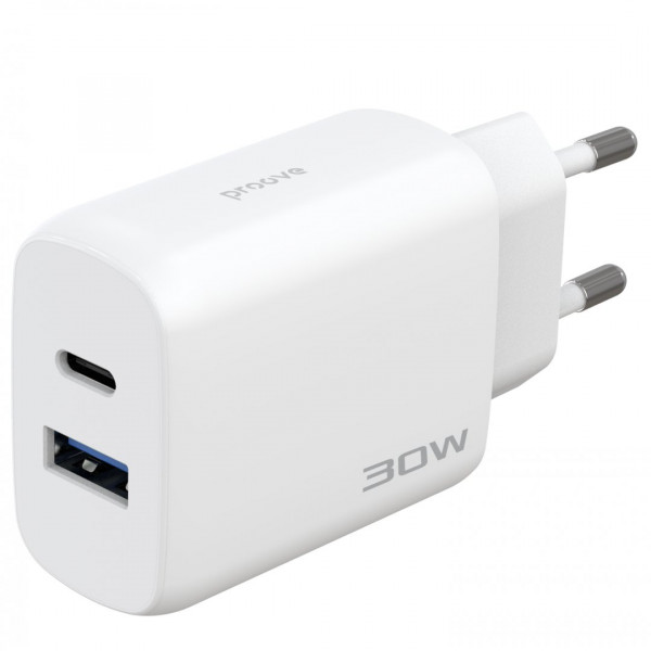 Сетевое зарядное устройство Proove Silicone Power 2 30W (Type-C + USB) + кабель Type-C to Type-C (1m) White (WCSP23011002)