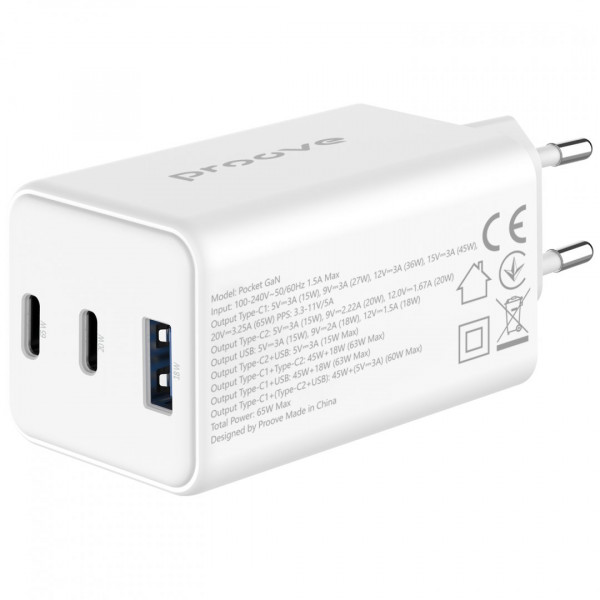 Мережевий зарядний пристрій Proove Pocket GaN 65W (2Type-C + USB) White (WCPG65121202)