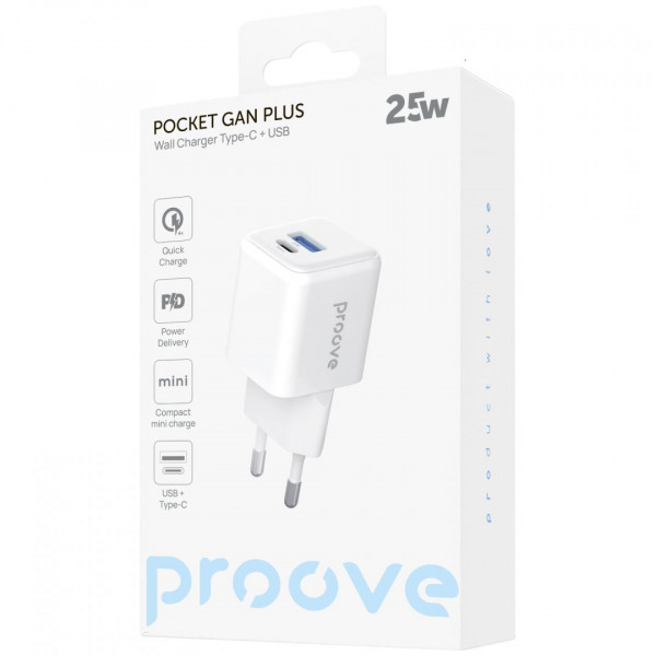 Сетевое зарядное устройство Proove Pocket GaN Plus 25W Type-C+USB White (WCPG25111202)