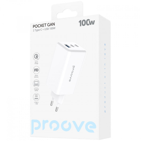 Мережевий зарядний пристрій Proove Pocket GaN Max 100W (2Type-C + USB) White (WCPG10012202)