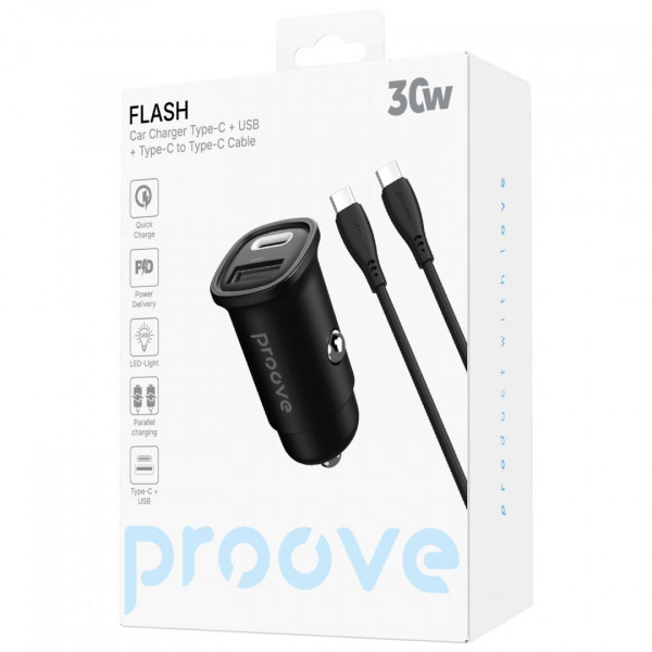 Автомобильное зарядное устройство Proove Flash 30W (Type-C + USB) + кабель Type-C to Type-C Black (CCFC30111201)