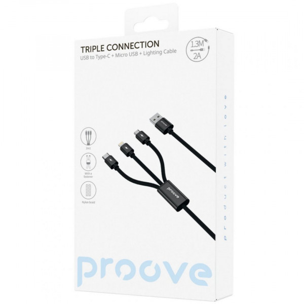 Кабель Proove Triple Connection 3 in 1 Type-C + Micro USB + Lightning (1.3m) Black (CCTC15001501)