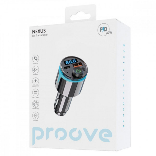 Автомобильное зарядное устройство Proove FM Launcher Nexus 30W (PD+QC3.0) Type-C+USB Black (FMNX30110001)