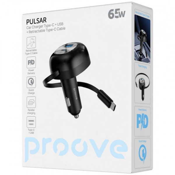 Автомобильное зарядное устройство Proove Pulsar 65W (Type-C + USB) + Retractable Type-C Cable Black (CCPR65110001)
