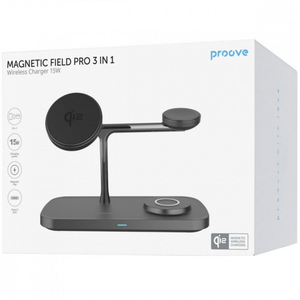 Бездротовий зарядний пристрій Proove Magnetic Field Pro 3 in 1 Qi2 Black (WSMP15002001)