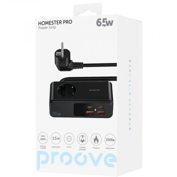 Мережевий фільтр Proove Homester Pro 65W (AC + 2xType-C + 2xUSB) 1.5m Black (PSHP25002201)