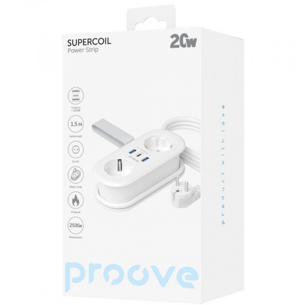 Мережевий фільтр Proove Supercoil 20W (2xAC + Type-C + 2xSB) 1.5m White (PSPS25002102)