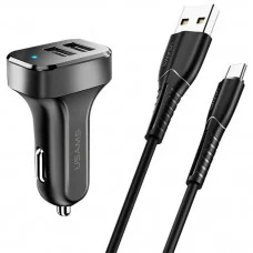Автомобильное зарядное устройство Usams-NT U35 Type-C Charging Cable 1M Black +C13 2.1A Dual USB